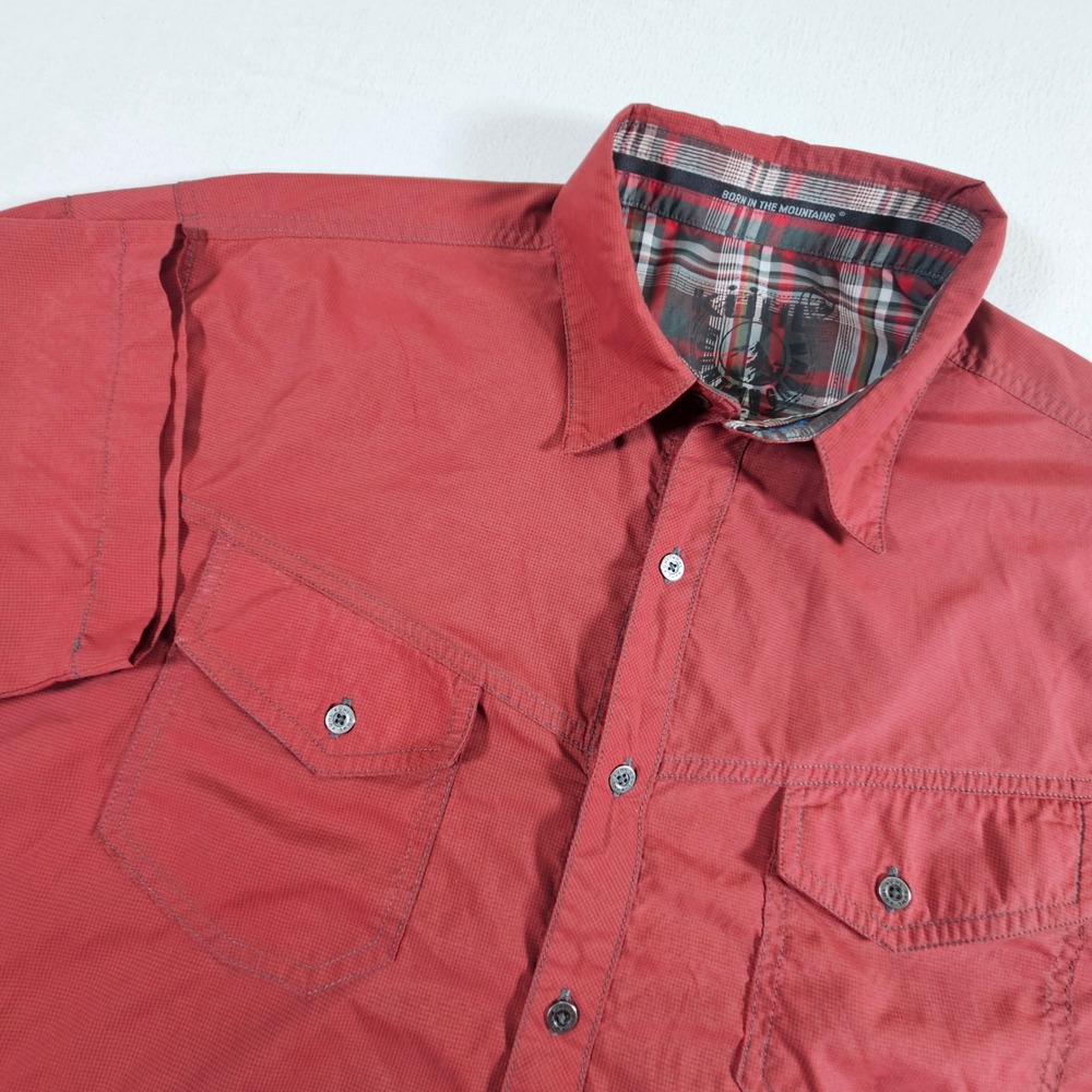 KUHL Eluxor Shirt Mens XL Red Short Sleeve Button Down Micro Grid Hiking Outdoor